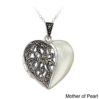 Glitzy Rocks Sterling Silver Onyx and Marcasite Heart Locket Necklace Glitzy Rocks Gemstone Necklaces