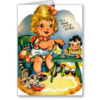 Tea Time Little Girl   Retro Happy Birthday Cards