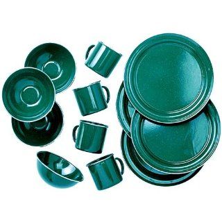 Pioneer Ware 12 Piece Table Set with Stainless Steel Rim   Green   Camping Plates