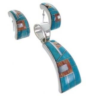 Turquoise Multicolor Pendant Earrings Silver Jewelry Set AW70021 Jewelry