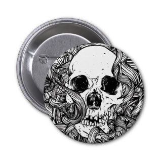 Black & white sketch Skull & floral Swirls Pinback Button