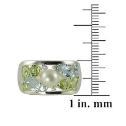 Pearls For You Silver FW Button Pearl, Peridot and Blue Topaz Ring Pearls For You Pearl Rings