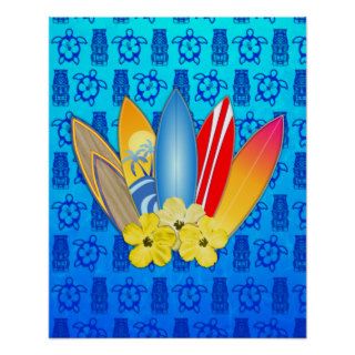 Surfboard and Hibiscus Flowers Posters