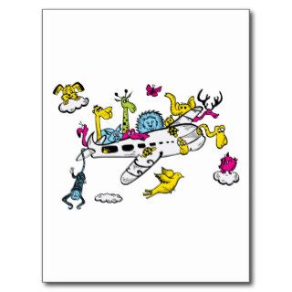 Animals Riding Airplane Cartoon Fantasy Art Post Card
