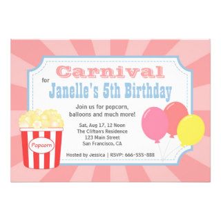 Kids Birthday   Carnival with Popcorn & Balloons Personalized Invites