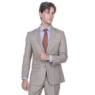 Mens Modern Fit Tan Plaid 2 button Suit With Pleated Pants