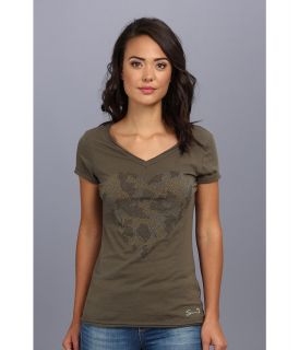 Seven7 Jeans Camo Heart S/S Raw Edge Tee Womens Short Sleeve Pullover (Brown)