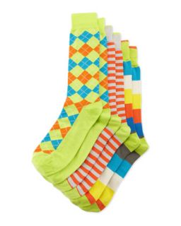 Set of Three Sock Pairs, Lime/Orange/Khaki, Mens