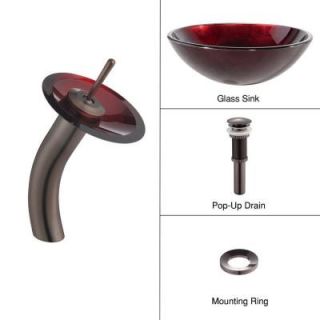 KRAUS Glass Bathroom Sink in Irruption Red with Single Hole 1 Handle Low Arc Waterfall Faucet in Oil Rubbed Bronze C GV 200 12mm 10ORB