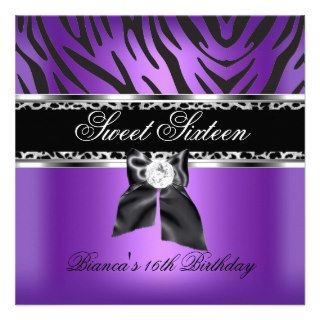 Sweet Sixteen 16 Purple Silver Black Zebra Leopard Invitations