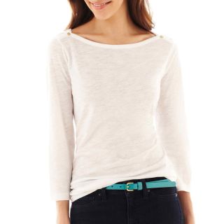 3/4 Sleeve Boatneck Button Shoulder Tee, White, Womens