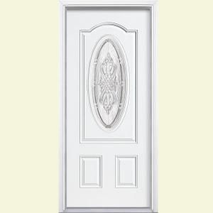 Masonite New Haven Three Quarter Oval Lite Primed Steel Entry Door with Brickmold 46712