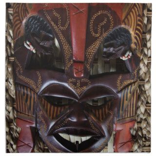 Ritual African Tribal Wooden Carved Mask Brown Red Napkins