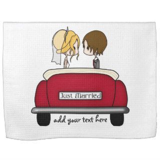 Blonde Bride & Brunette Groom in a Red Wedding Car Kitchen Towel