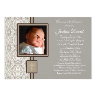 Ivory Beige Boy Photo Christening Announcement