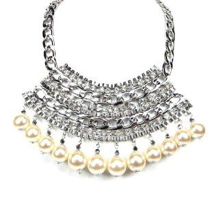 NEW FASHION GREAT GATSBY 1920'S INSPIRED ART DECO VINTAGE STYLE WHITE PEARL COLOR SILVER BEADED PLATE NECKLACE SET WITH RHINESTONE Chain Necklaces Jewelry