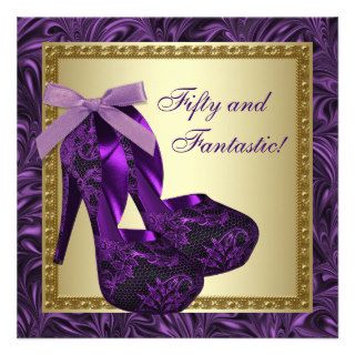 High Heel Shoes Womans Purple 50th Birthday Party Custom Announcements