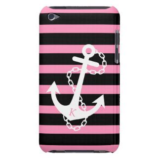 Monogrammed Anchor with black and pink stripes iPod Case Mate Cases