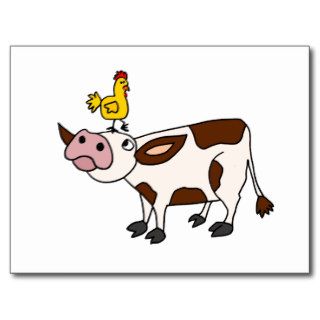 Funky Cow with Chicken on Her Head Cartoon Post Card