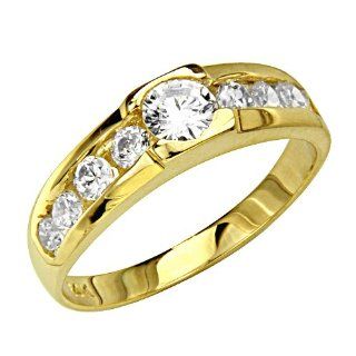 14K Yellow Gold CZ Cubic Zirconia High Polish Finish Men's Wedding Ring Band with Round Side Stone The World Jewelry Center Jewelry