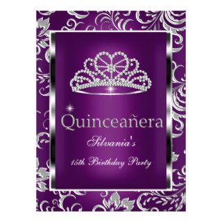 Quinceanera 15th Party Purple Plum Damask Silver Personalized Invites