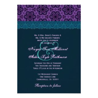 TT022 Teal Blue and Purple Lace Wedding Monogram Invitation
