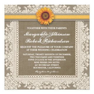 White lace sunflower & burlap wedding invitations