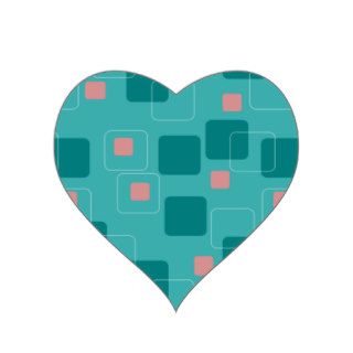 Aqua and Salmon Squares pattern Heart Stickers