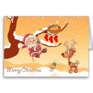 Santa Climbing A Tree To Give Gifts Card