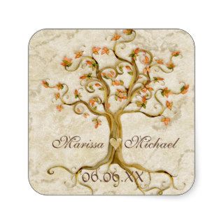 Swirl Tree Roots Antiqued Wedding Matching Seals Square Stickers