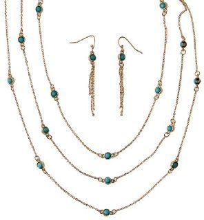 3 Strand Rhodium Plated Goldtone Necklace with Turquoise Colored Stones   Matching Dangle Earrings with Fishhook Backings   Length 16" 18"   2" 3" Extension Earring And Necklace Sets Jewelry