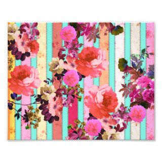 Spring Bright Flowers, Pastel Floral Retro Stripes Art Photo