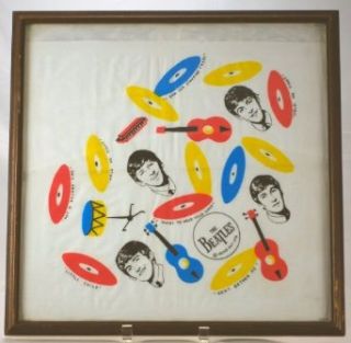 1964   NEMS Ent. Ltd   The Beatles   Vintage Silk Scarf or Head Kerchief   Measures Approx 28 Inches Square   John, Paul, George & Ringo Portraits & Song Titles   Framed   Colors Vibrant   VERY RARE   Long Out of Production   Collectible The Beatl