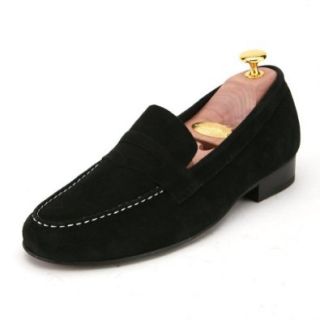 Men's Handmade Suede Leather Black Penny Loafers By Angel Cola Shoes