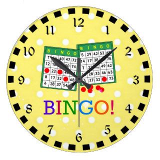 Bingo Green and White Bingo Cards on Yellow Wall Clocks