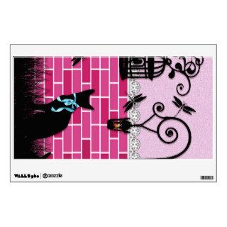Whimsical cute cat & bird cage on pink vector wall wall sticker