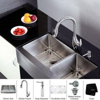 KRAUS All in One Farmhouse Apron 36x20 3/4x10 0 Hole Double Bowl Kitchen Sink with Stainless Steel Kitchen Faucet KHF203 36 KPF2170 SD20