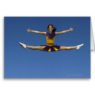 Female cheerleader doing jump splits in air 2 greeting cards