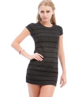 247 Frenzy Cable Knit Striped Sweater Dress   Black Grey (Large)