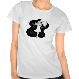 Girl carrying an umbrella on windy day t shirt