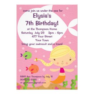 Custom Little Girls Mermaid Birthday Party Custom Announcements