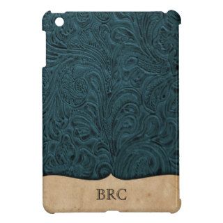 Teal Blue Tooled Leather Look Western Personalized iPad Mini Cover
