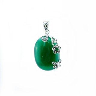 H.Baina 925 Sterling Silver Niello Silver Green Agate With Flower Dragonfly Marcasite Semi Precious Stone Gemstone Pendant Jewelry
