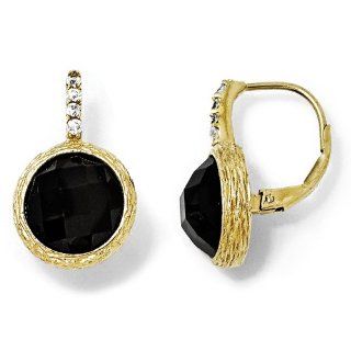 Sterling Silver Gold Plated Onyx & CZ Leverback Earrings Jewelry