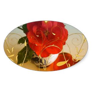 Red rose love hearts and yellow flowers oval stickers