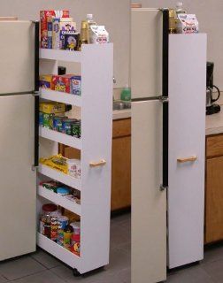 Mobile Pantry Cabinet in White Finish w 6 Spill Proof Shelves   Cabinet Pull Out Organizers