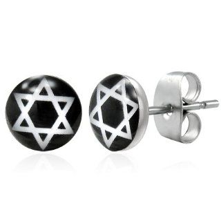 E305 E305 7mm Stainless Steel Black White Star of David Circle Pair of Stud Earrings Jewelry