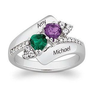 Sterling Silver Couples Crystal Heart Birthstone Name Ring Jewelry