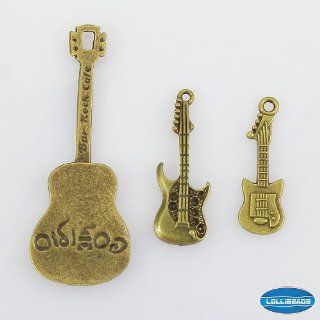 2 Sets of Assorted Pewter Antiqued Brass Bronze Bracelet Necklace Charms Pendants   Guitar (6 Pcs)