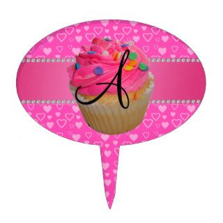 Monogram pink cupcake pink hearts cake toppers